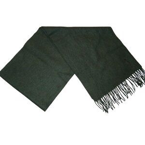 Yves Saint Laurent YSL Forest Green Embroidered Wool Fringed Scarf Pre-Owned